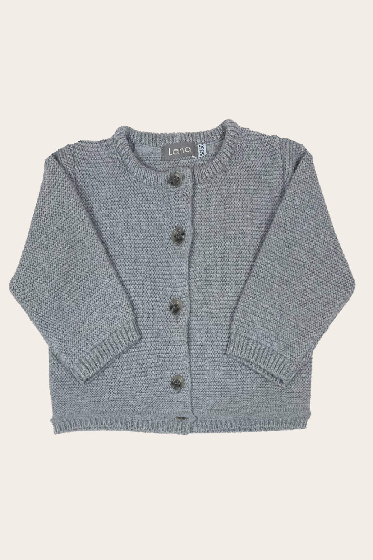 Jacke Modell Kim graumelange gestrickt nachhaltig weich Bio Baumwolle langärmlig Knöpfe rundhals