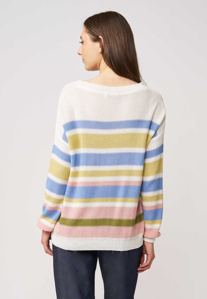 Pulli, Modell Gloria mit bunten Querstreifen in sanften Blau-, Grün- und Rosatönen, locker geschnitten für gemütlichen Stil