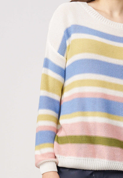Pulli, Modell Gloria mit buntem Streifenmuster in Blau, Gelb und Rosa, locker geschnitten für entspannten Tragekomfort
