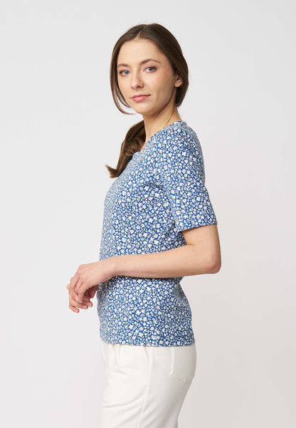 Shirt, Modell Vinnie mit kurzem Arm, blau-weißem Blumenmuster und angenehmem, leicht elastischem Material für bequemen Sitz