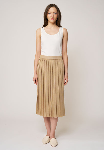 Rock, Modell Dajana in warmer Beige-Nuance mit feinen Plisseefalten und midilanger, fließender Passform für stilvolle Leichtigkeit