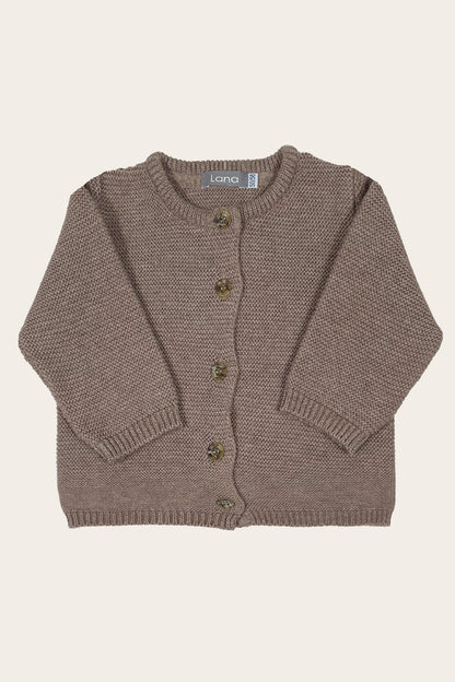 Jacke Modell Kim braun melange gestrickt nachhaltig weich langärmlig Knöpfe rundhals Bio Baumwolle